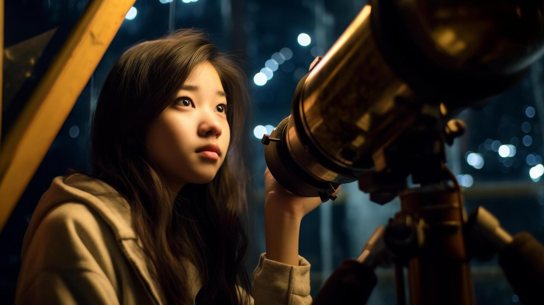 woman looking through telescope at night photo