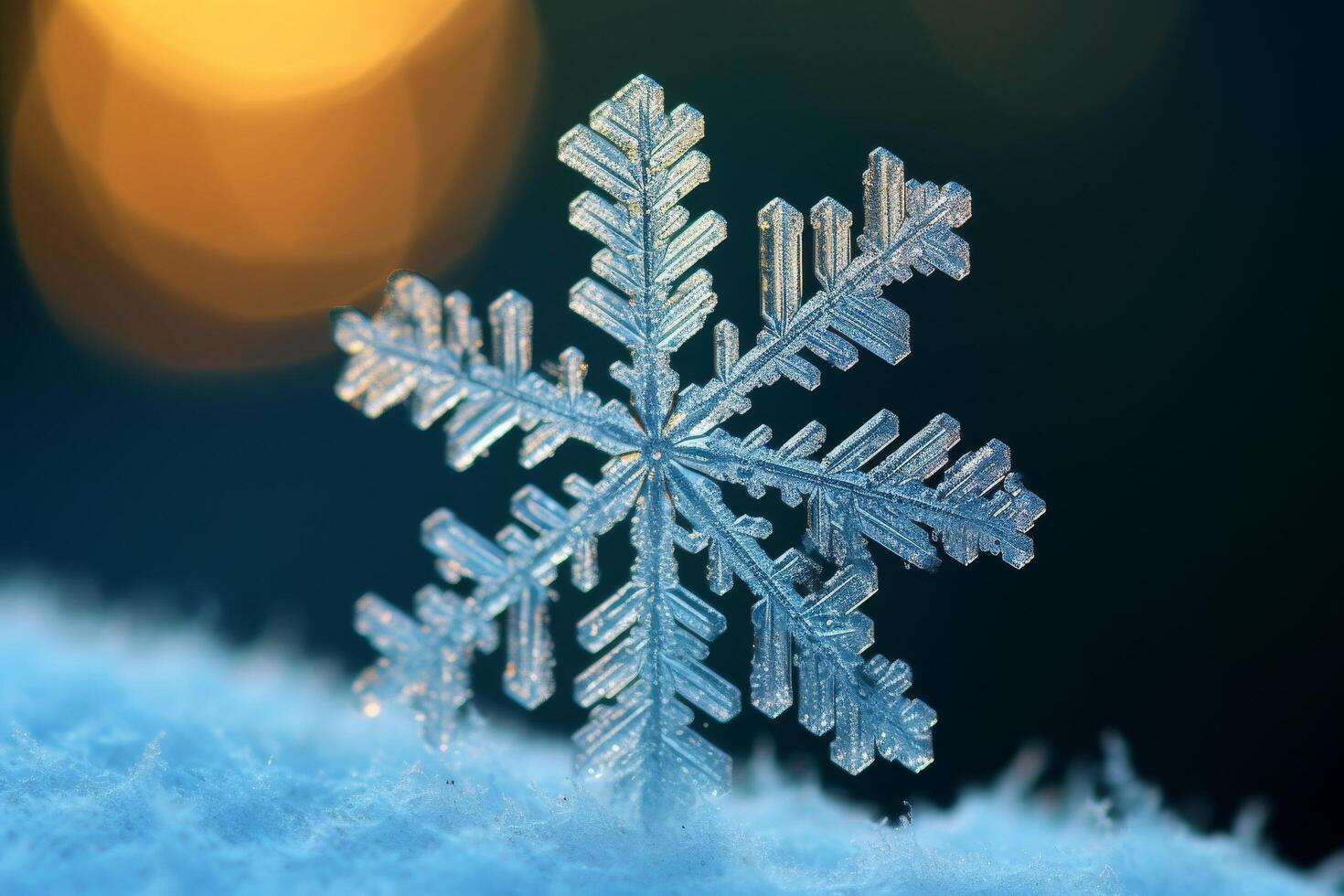 Intricate snowflake crystal on snowy background photo