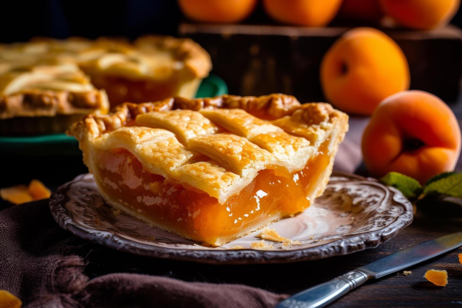 Delicious homemade peach pie on a plate photo