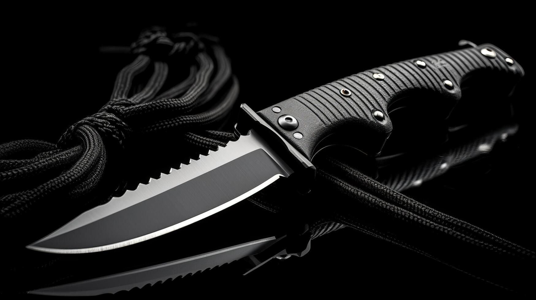 Tactical survival knife with black handle and sheath photo