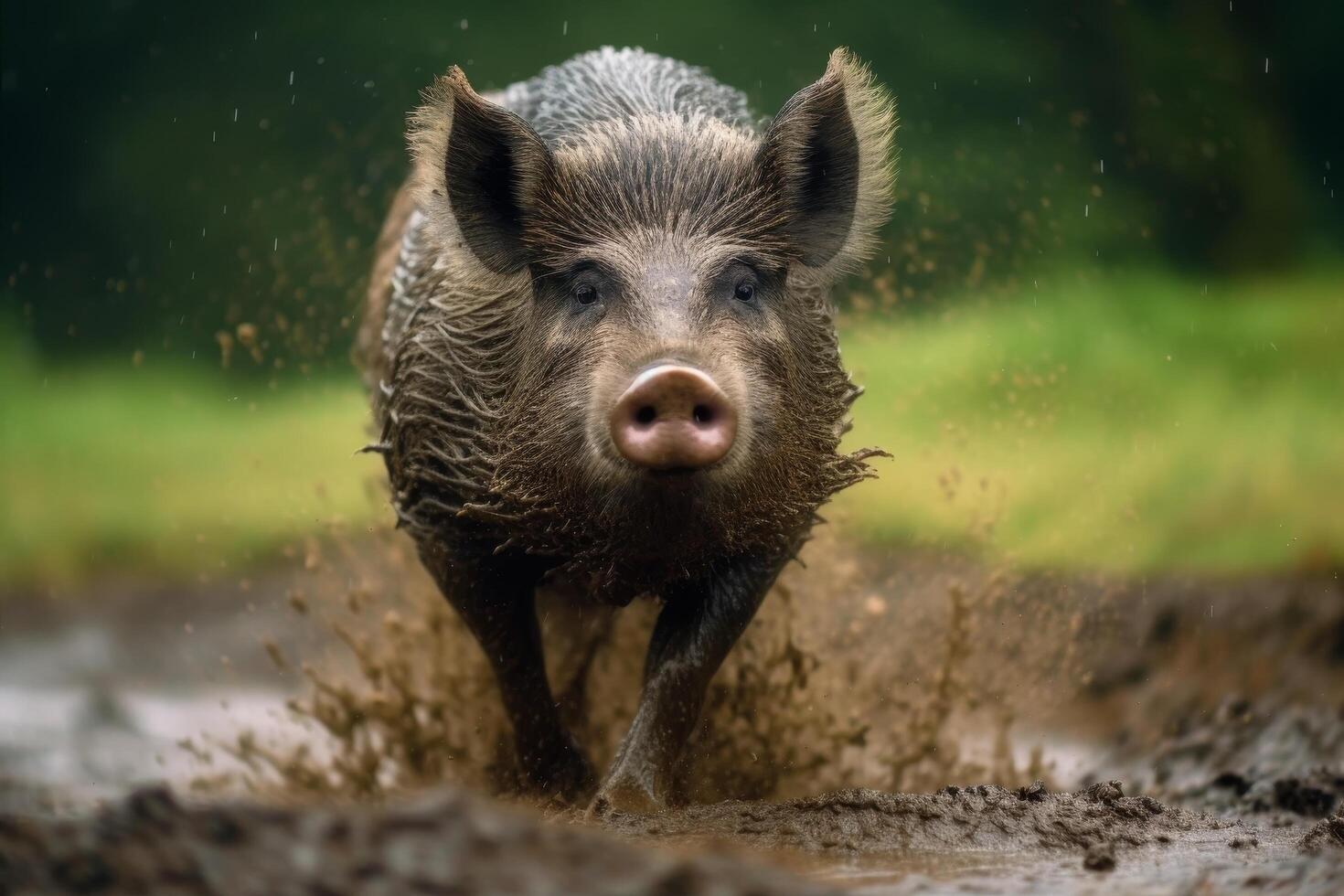 Close up of a muddy wild boar in the rain photo