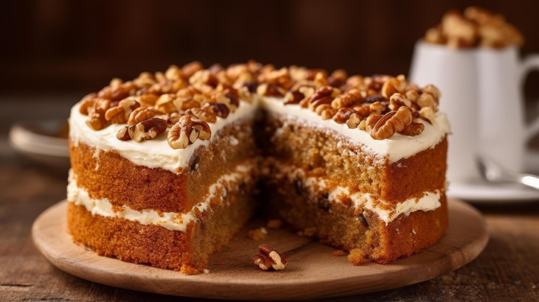 delicious homemade carrot cake with cream cheese frosting and pecans photo