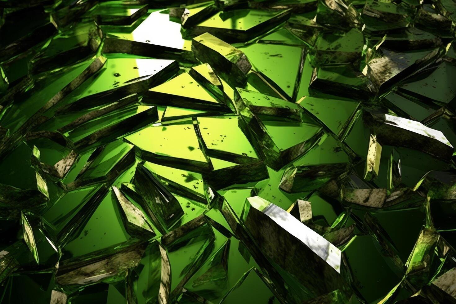Broken glass shards in vibrant green color photo
