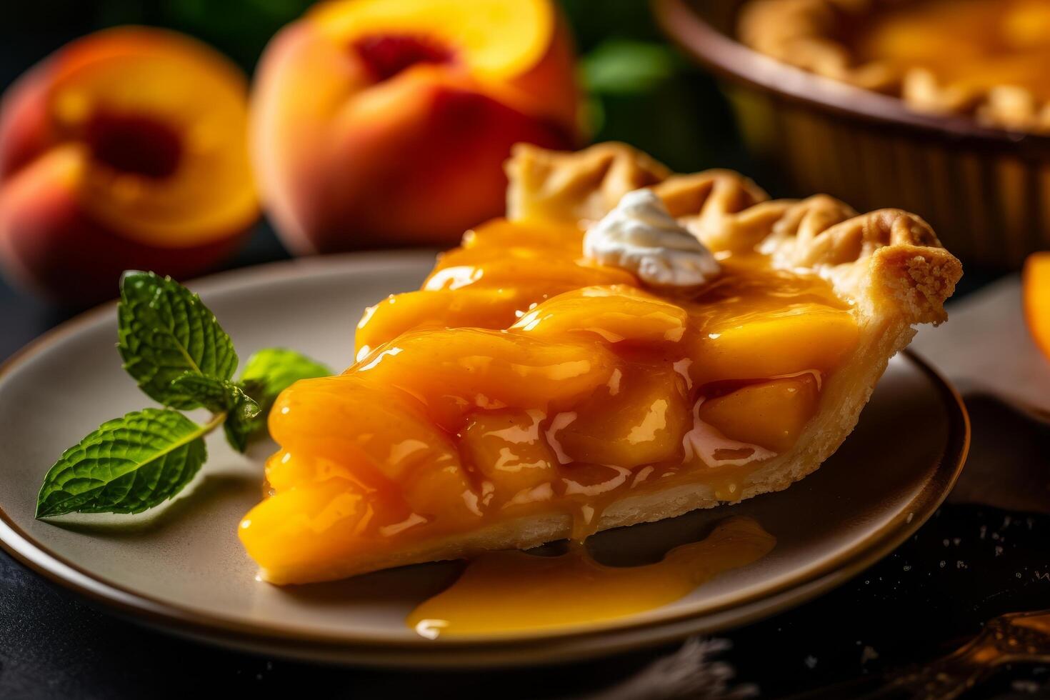Delicious peach pie with whipped cream photo