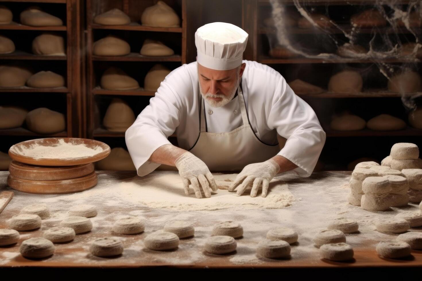 professional chef kneading dough in bakery kitchen photo