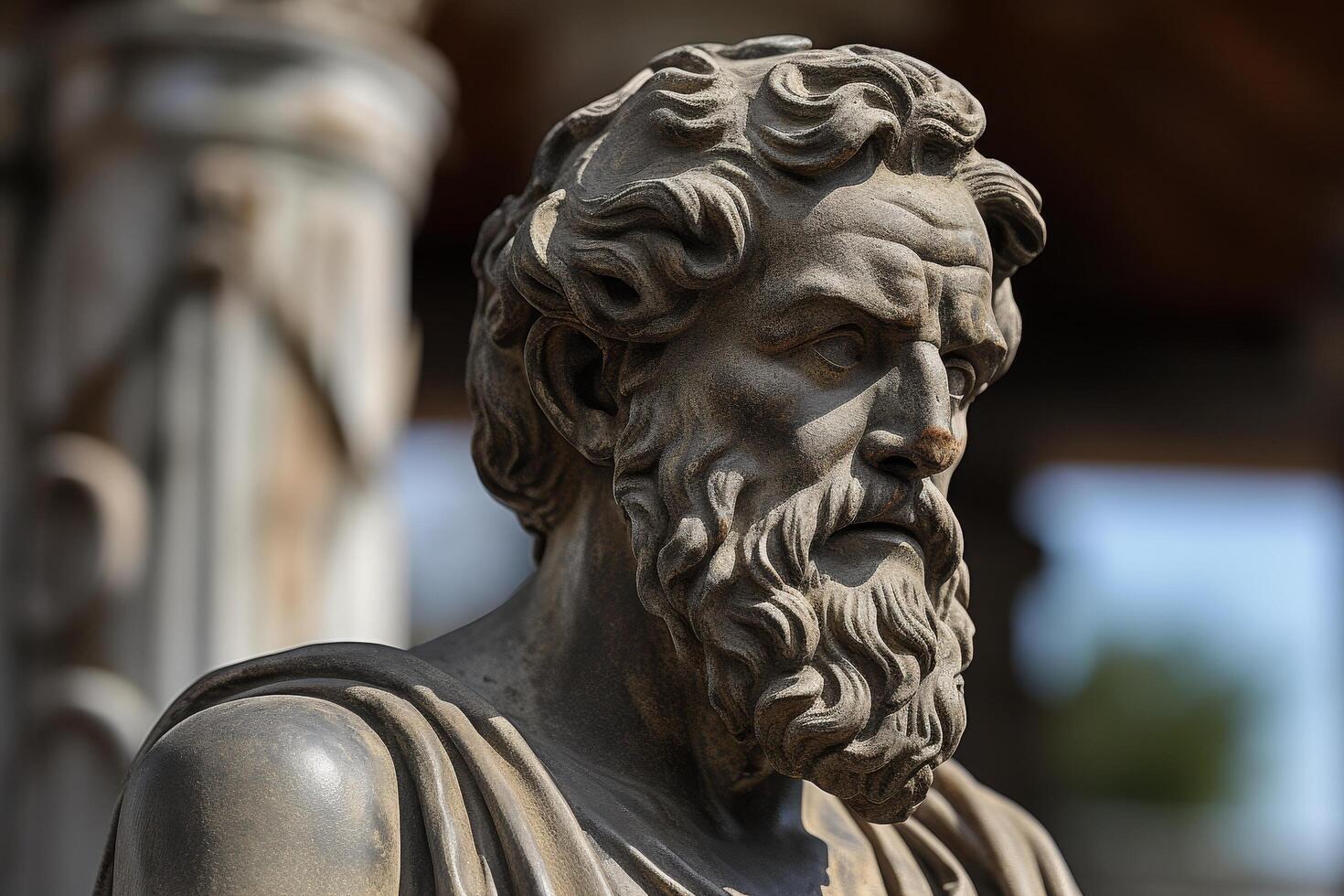 Weathered stone sculpture of a bearded man photo