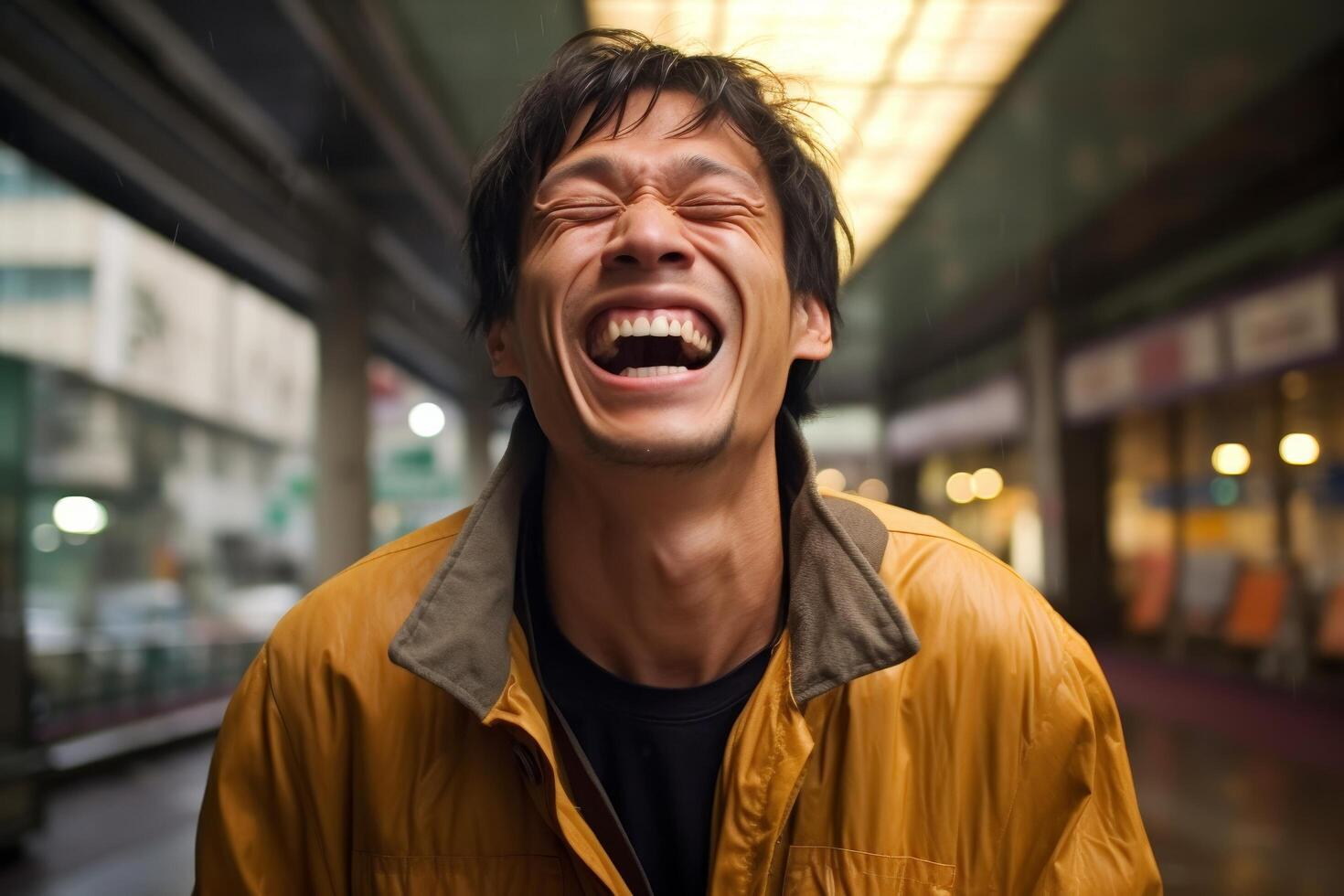Joyful laughter of a young asian man photo