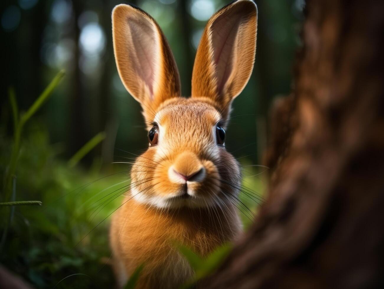 Closeup of a curious rabbit in the forest photo