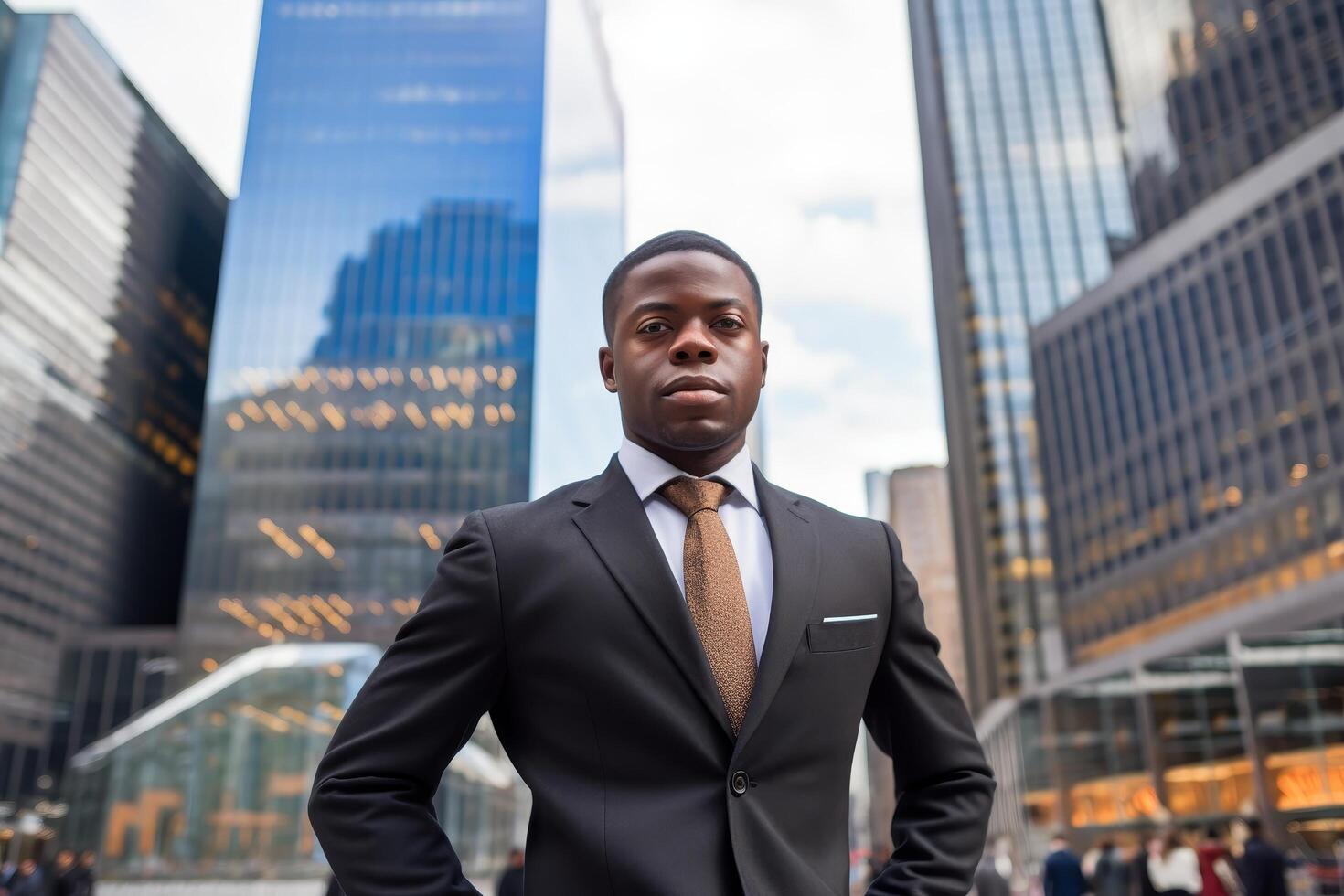 confident businessman in suit standing in front of skyscrapers photo