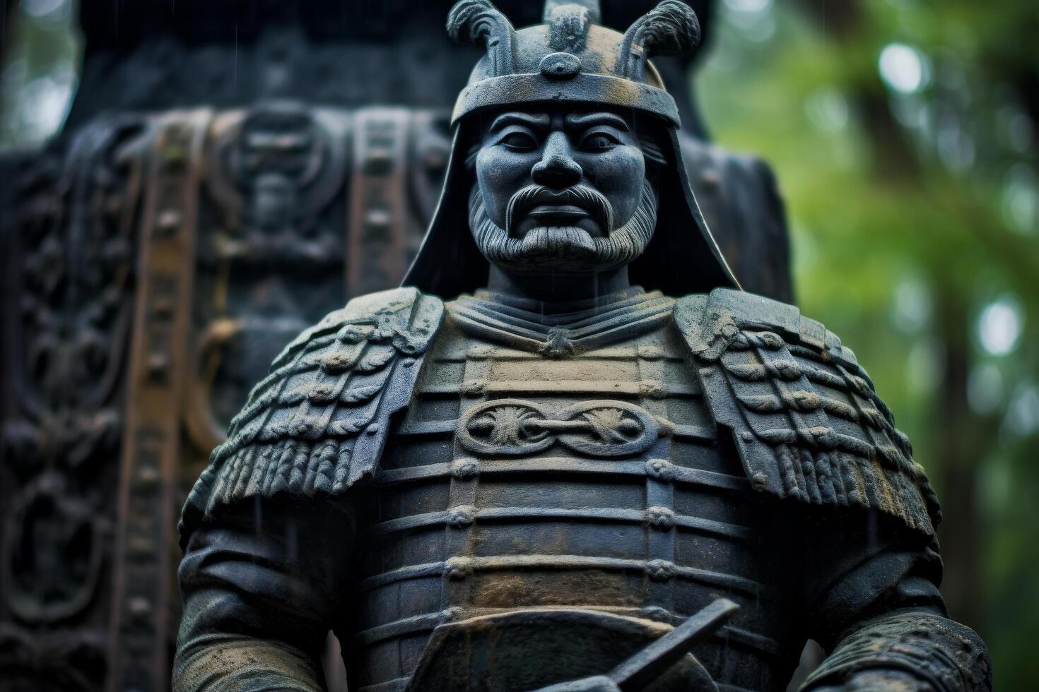 ancient chinese warrior statue in forest photo