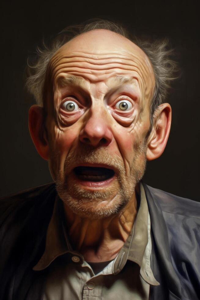Surprised and frightened elderly man with exaggerated facial expressions photo