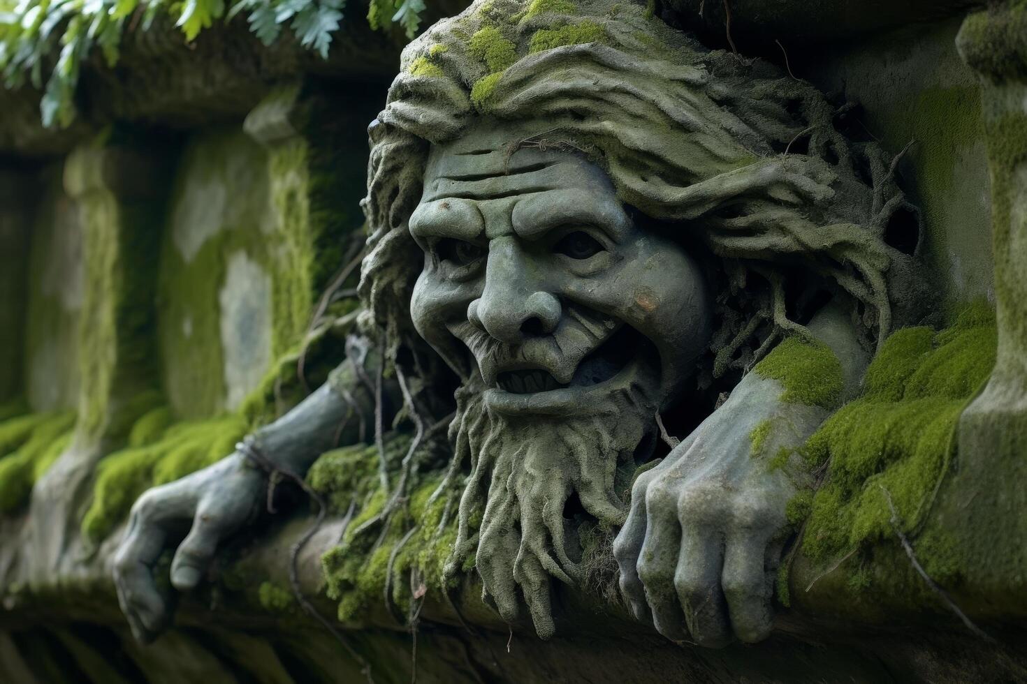 Weathered stone face sculpture covered in moss photo