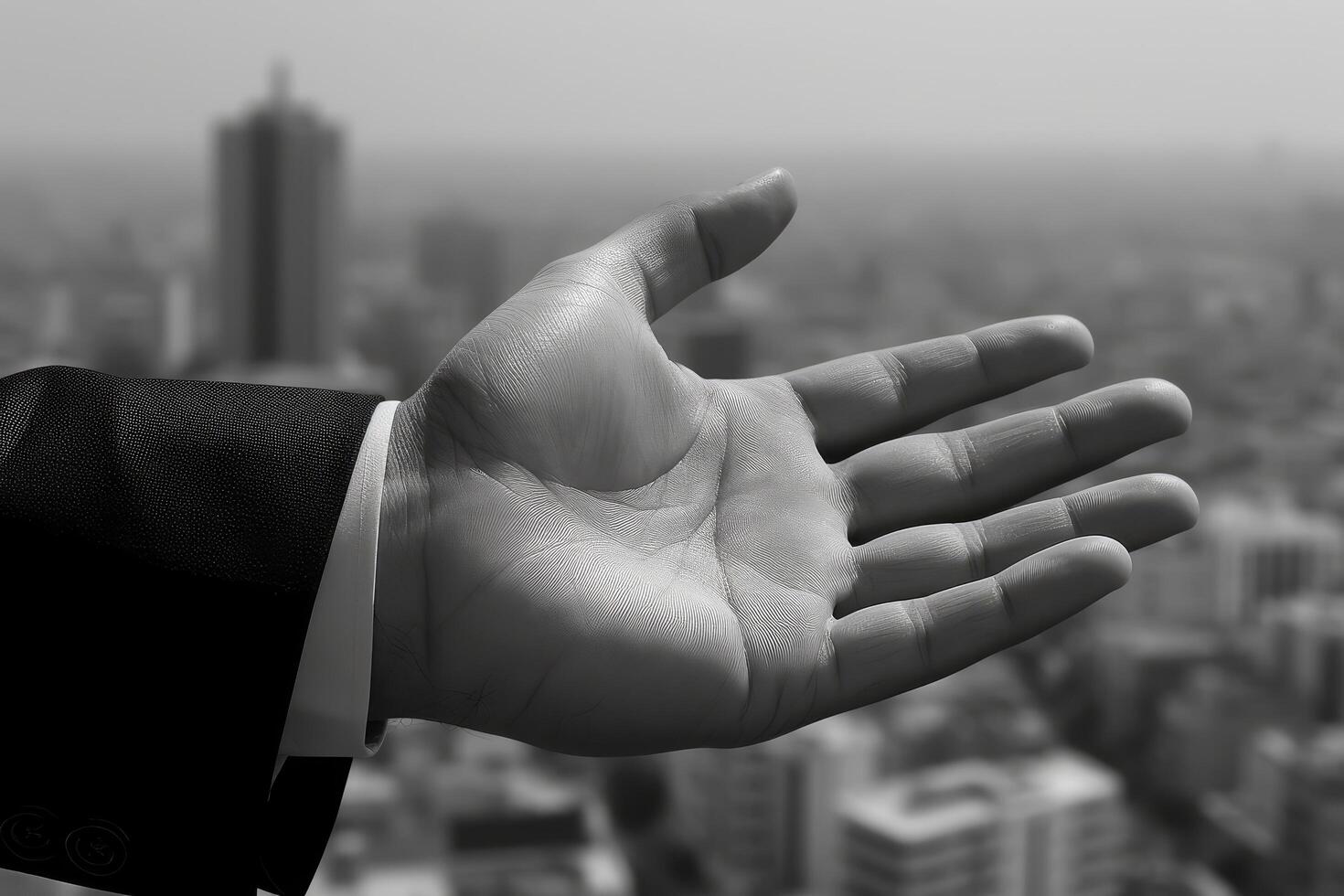 Businessmans hand reaching out in a city skyline photo