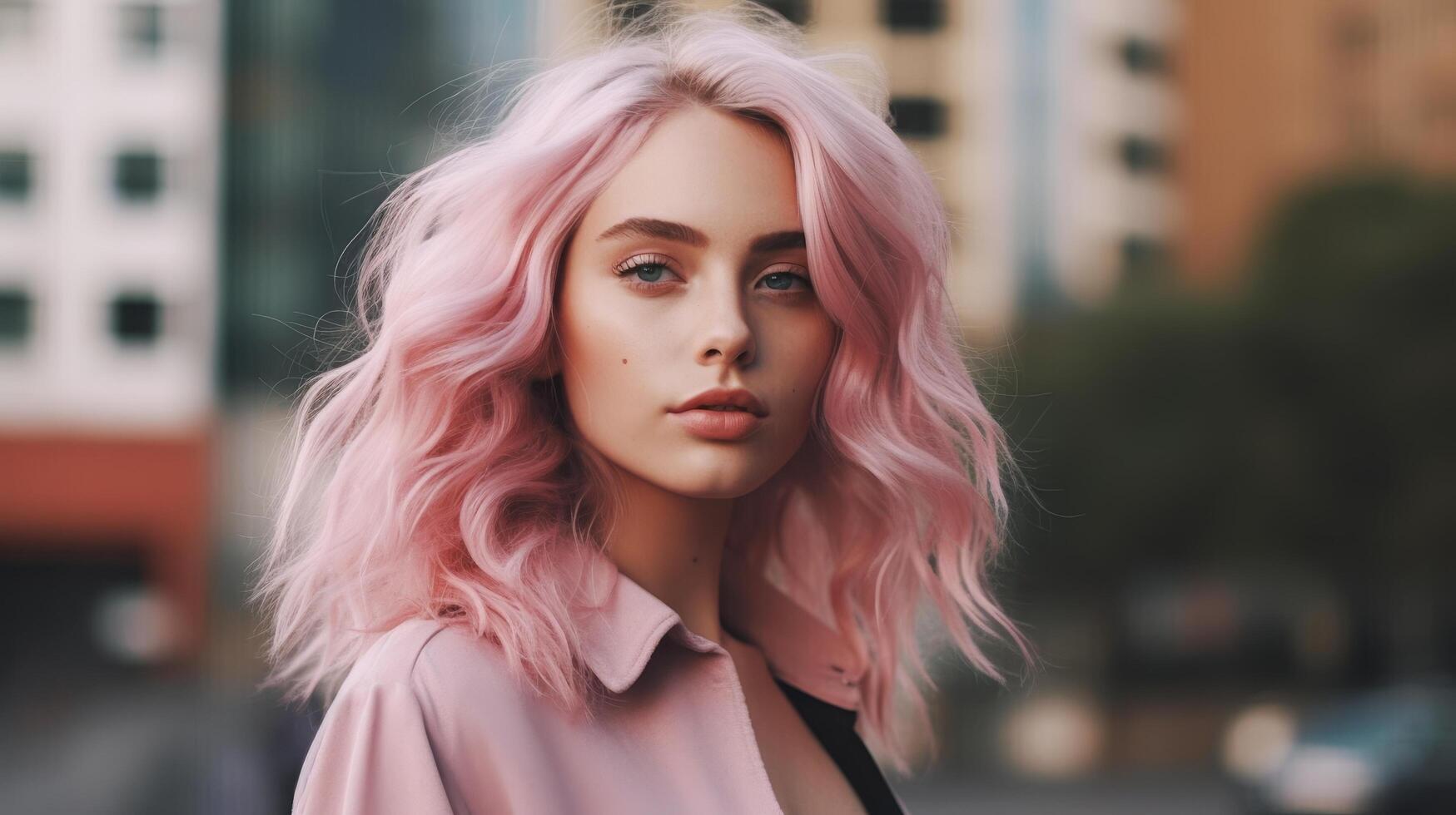 woman with pink wavy hair in city photo