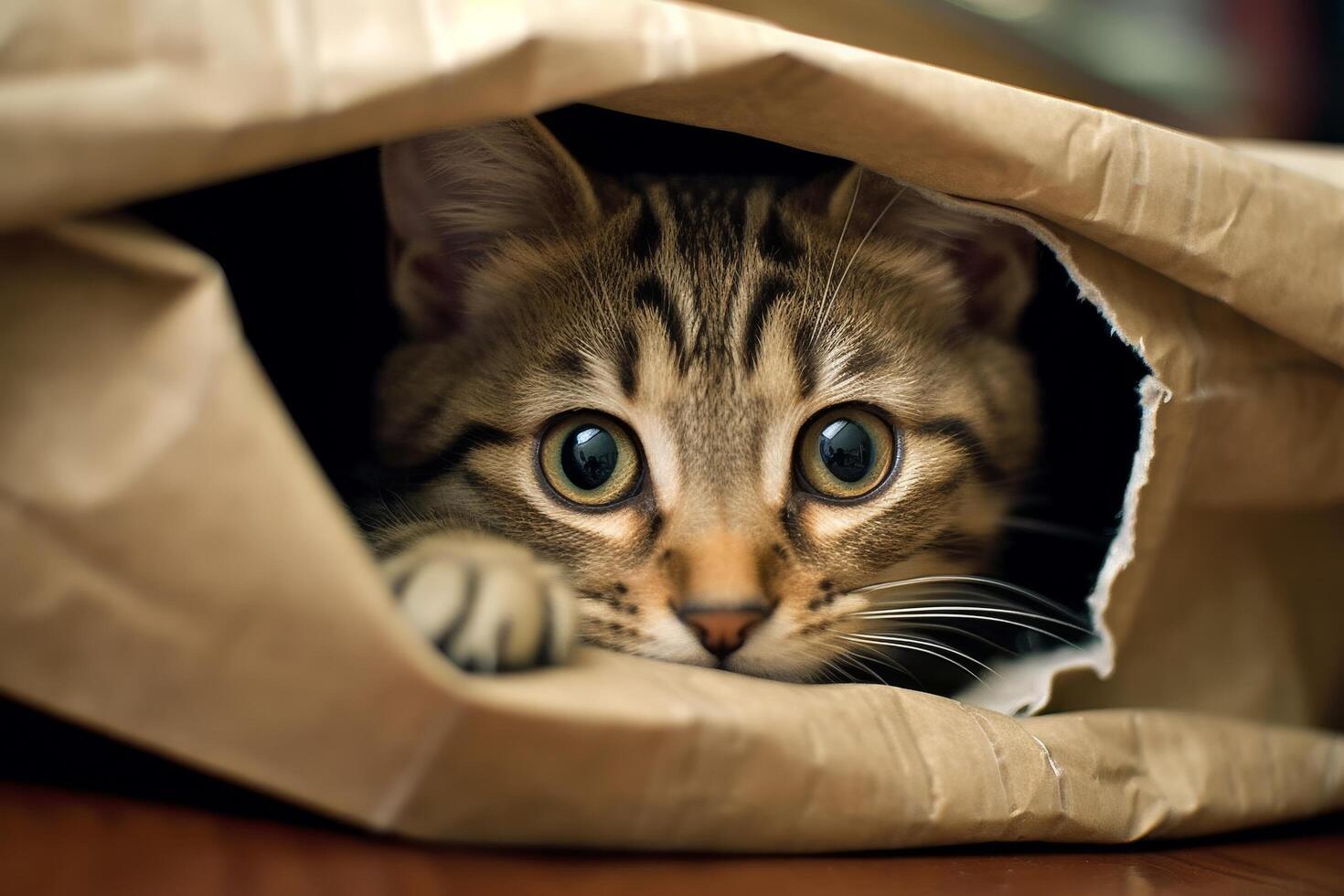 curious cat peeking out of paper bag photo