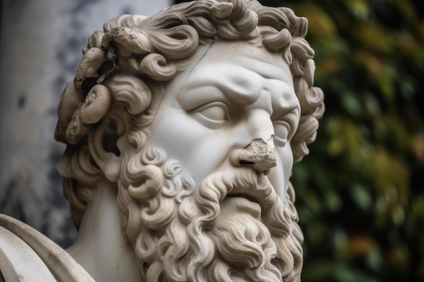 Weathered stone statue with ornate curling hair and facial features photo