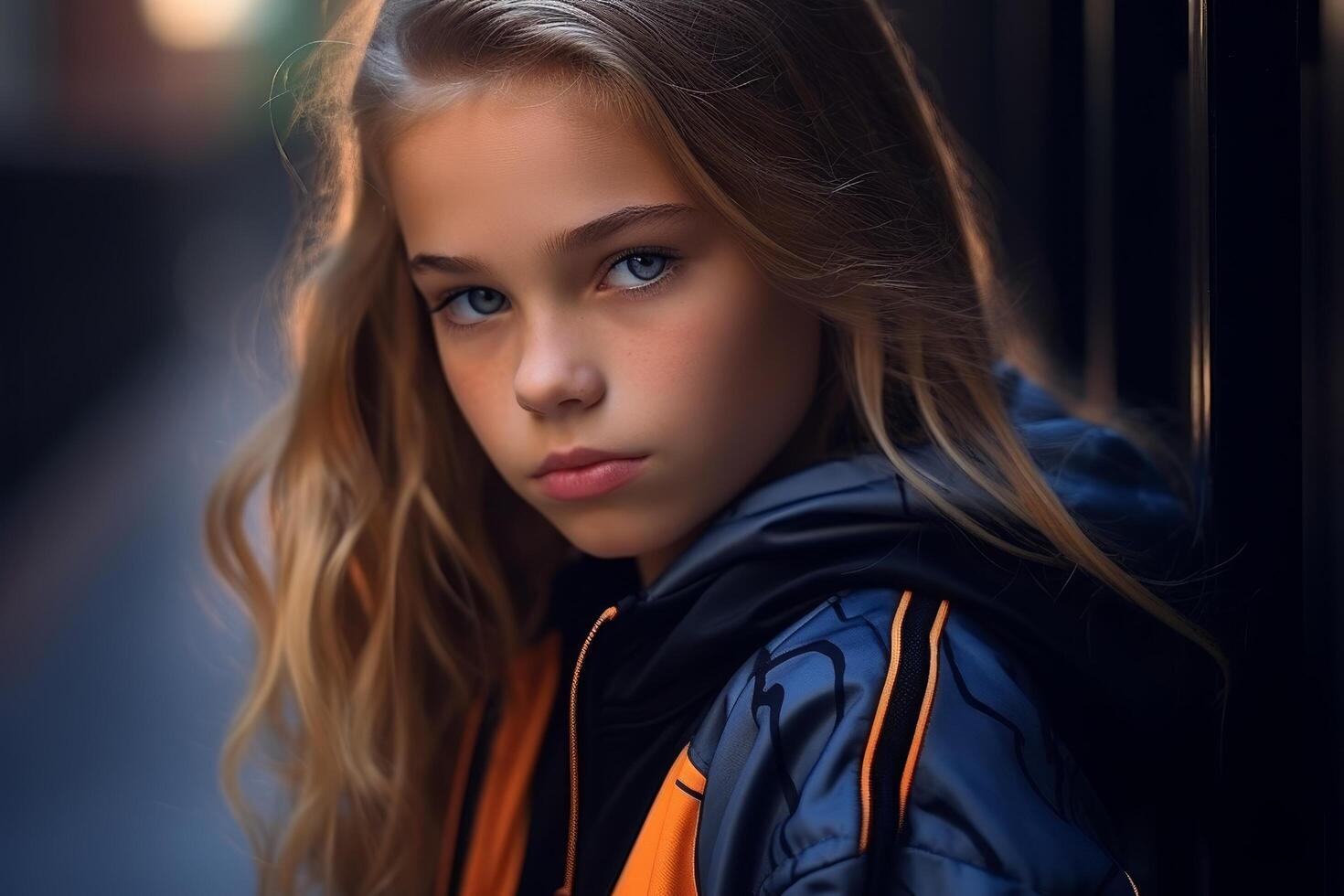 Thoughtful young girl with blonde hair and blue eyes photo