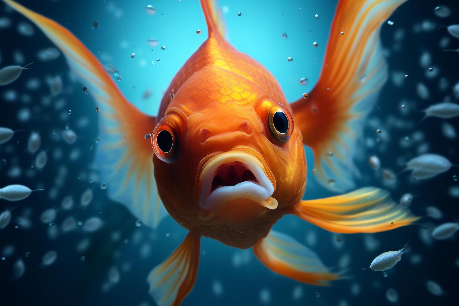 Closeup of an angry looking goldfish with open mouth photo