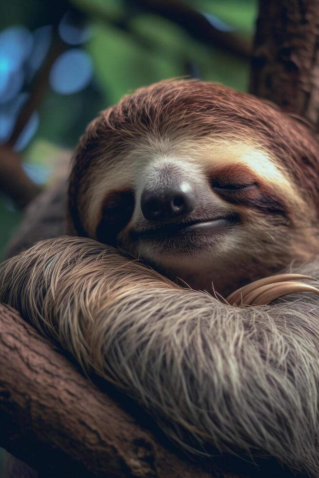Closeup of a sleeping sloth in the wild photo
