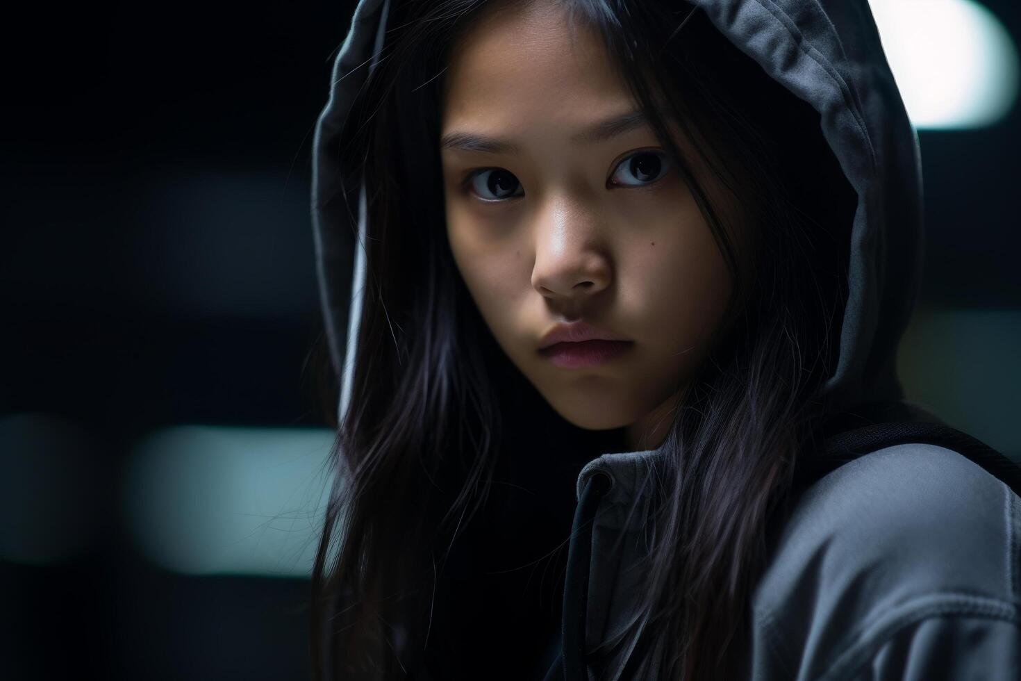 Pensive young asian girl in dark hoodie photo