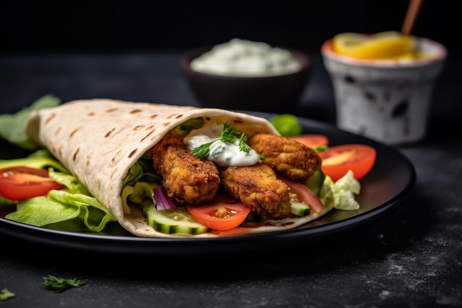 Delicious fried chicken wrap with fresh vegetables and creamy sauce photo