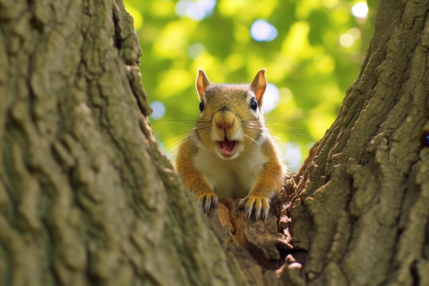 Curious squirrel peeking out from tree photo