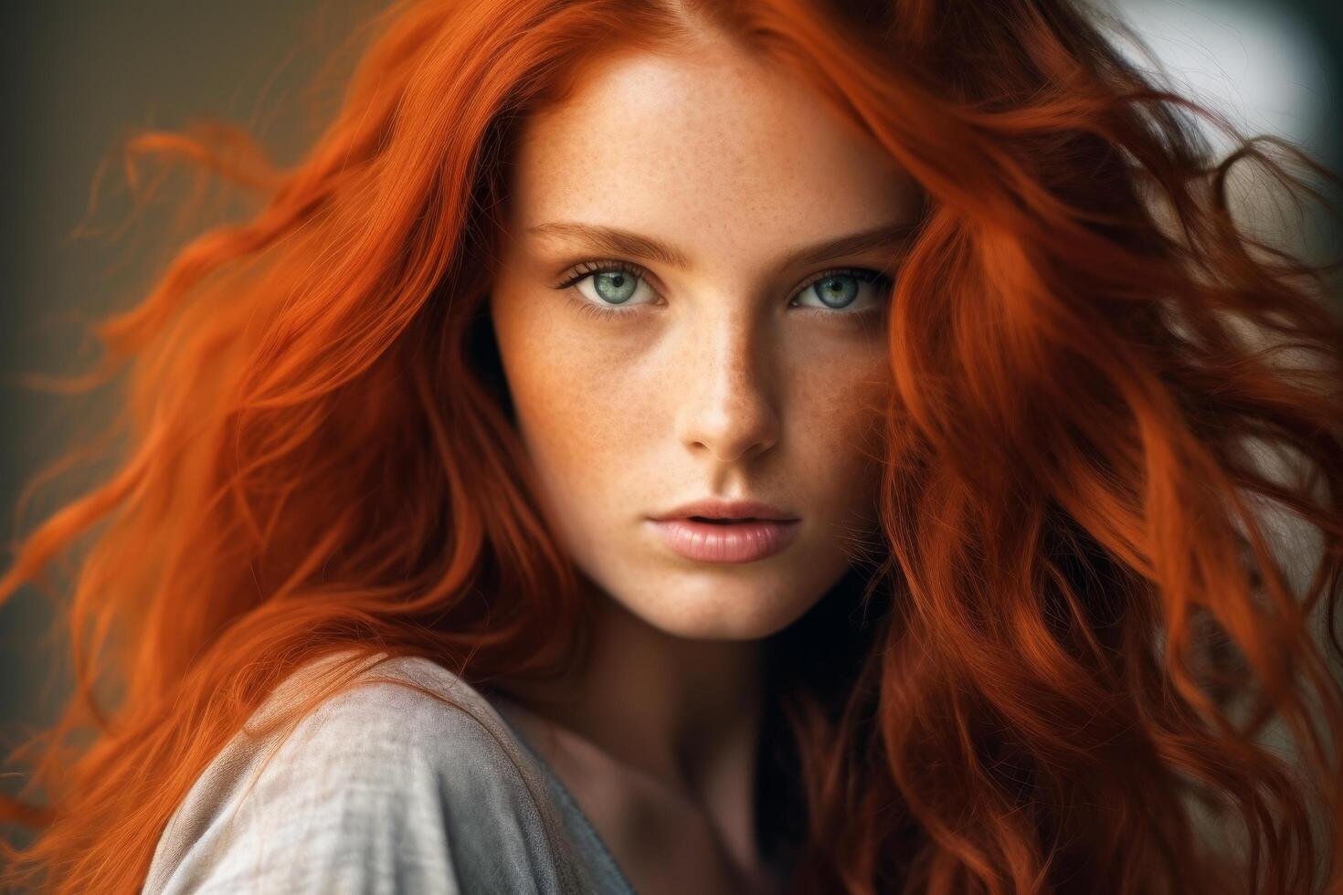 Striking redhead with piercing blue eyes photo