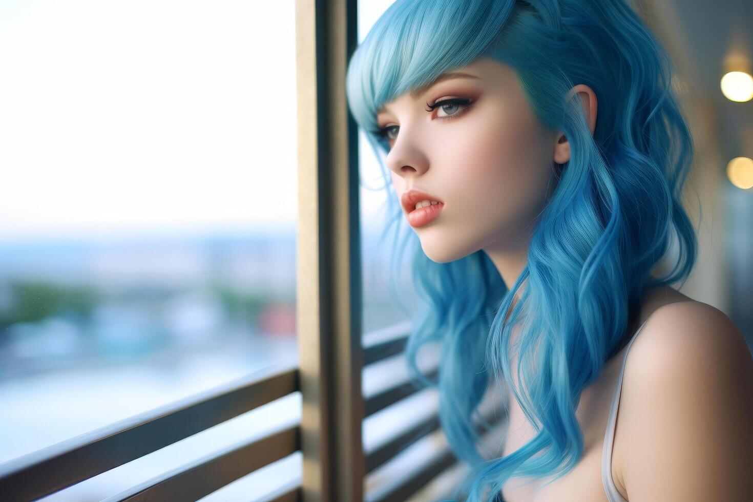 Thoughtful woman with blue hair gazing out window photo