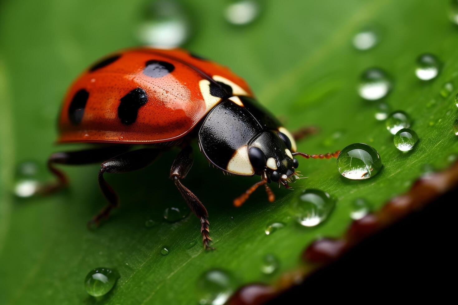 close up of a ladybug on a leaf with water droplets photo