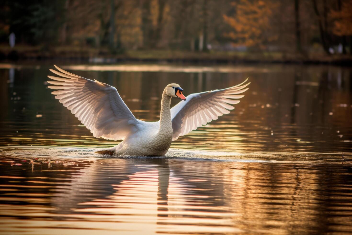 Majestic swan spreading its wings on a serene lake photo