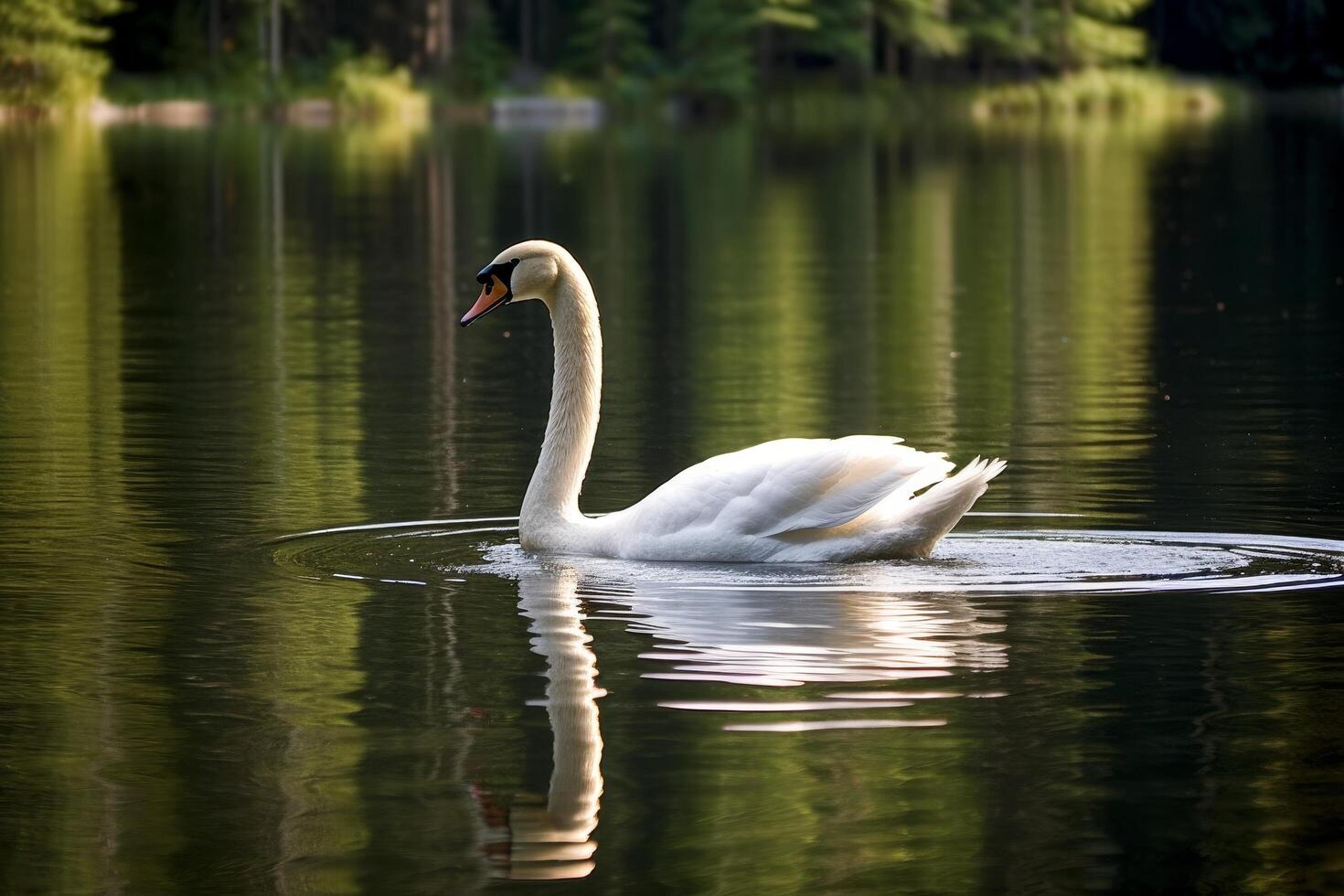 Graceful swan swimming in serene lake photo