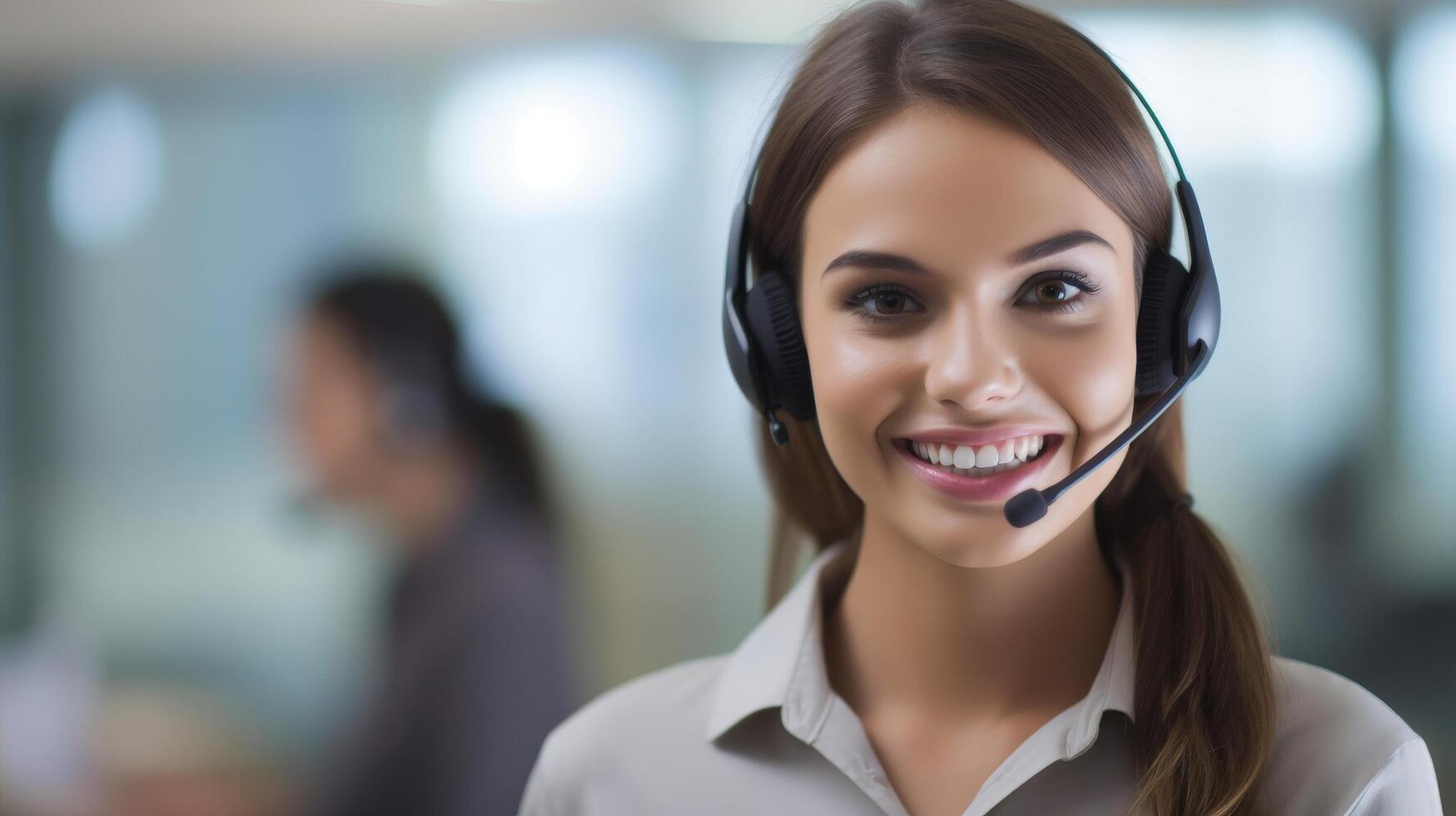 Smiling customer service representative wearing headset photo