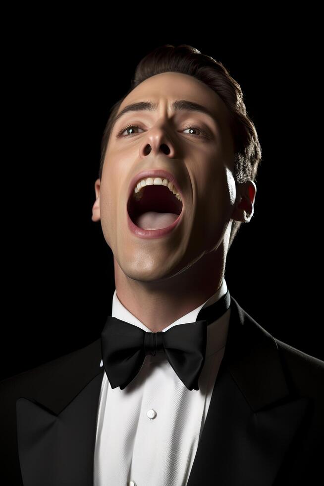 Man in formal attire shouting with an intense expression photo