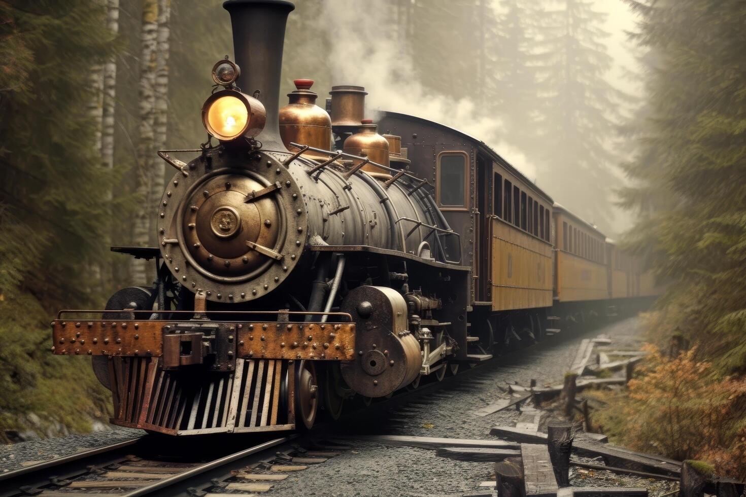 Vintage steam locomotive in misty forest photo