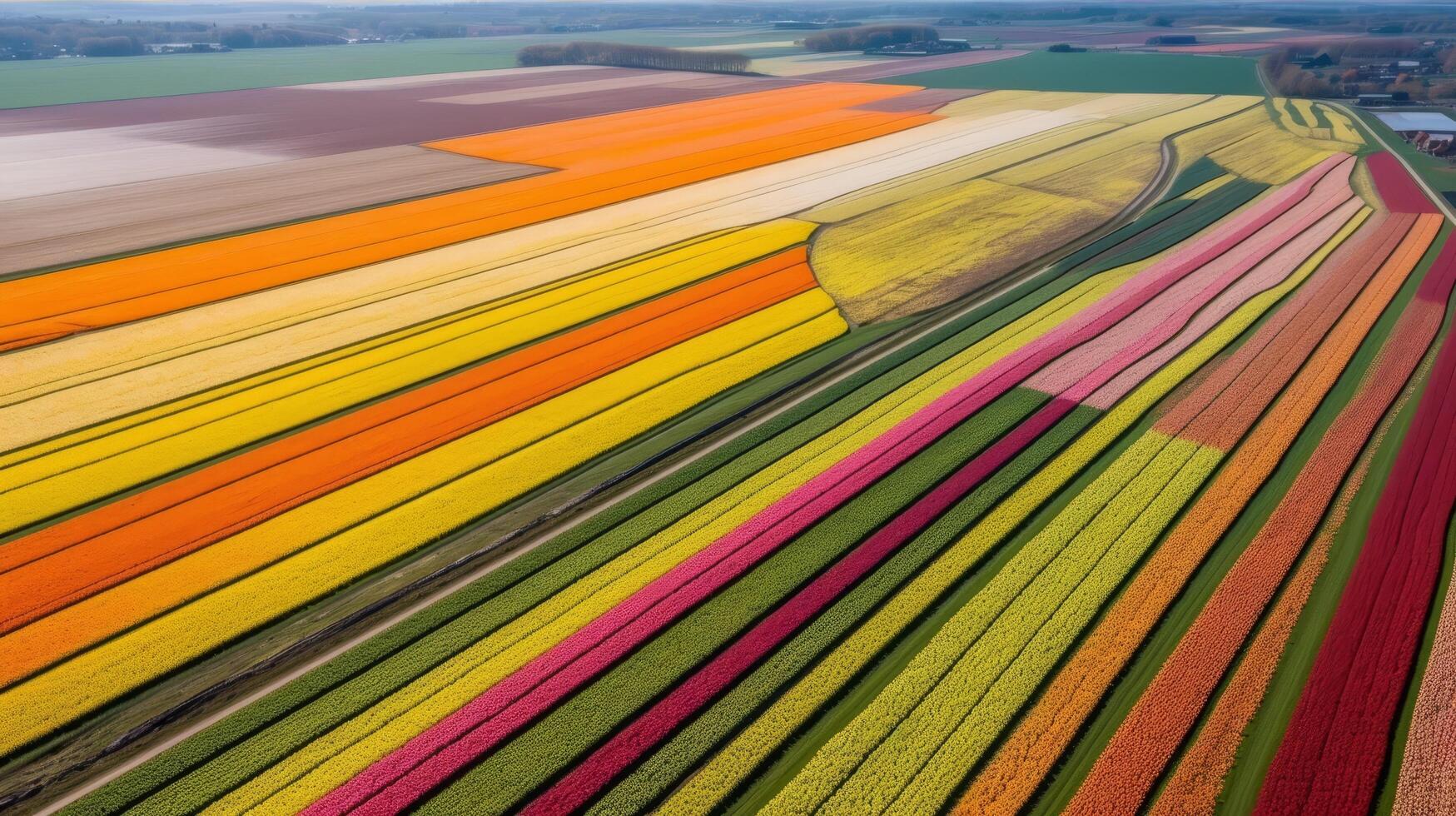 Vibrant aerial view of colorful tulip fields photo