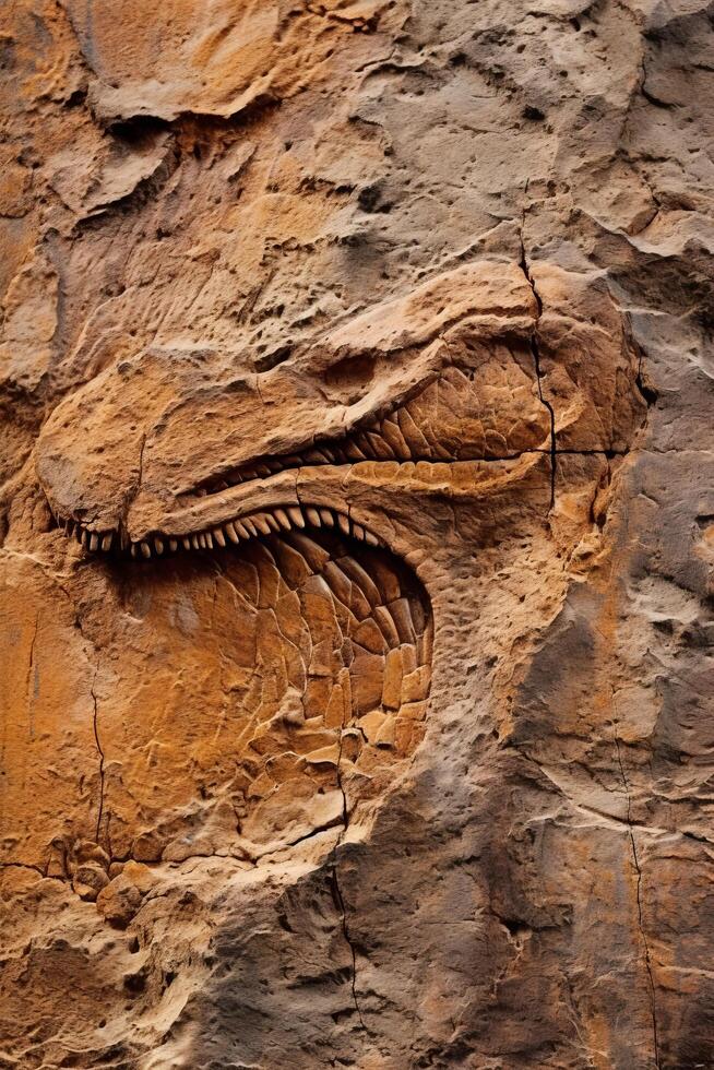 Fossilized dinosaur skull in rock formation photo