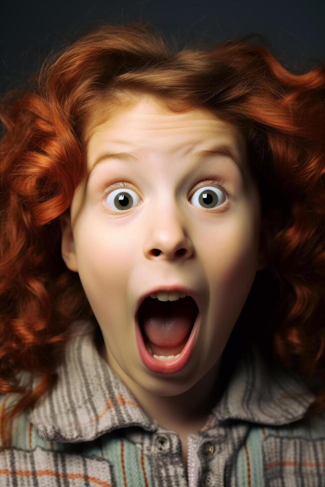 Surprised young woman with red curly hair photo