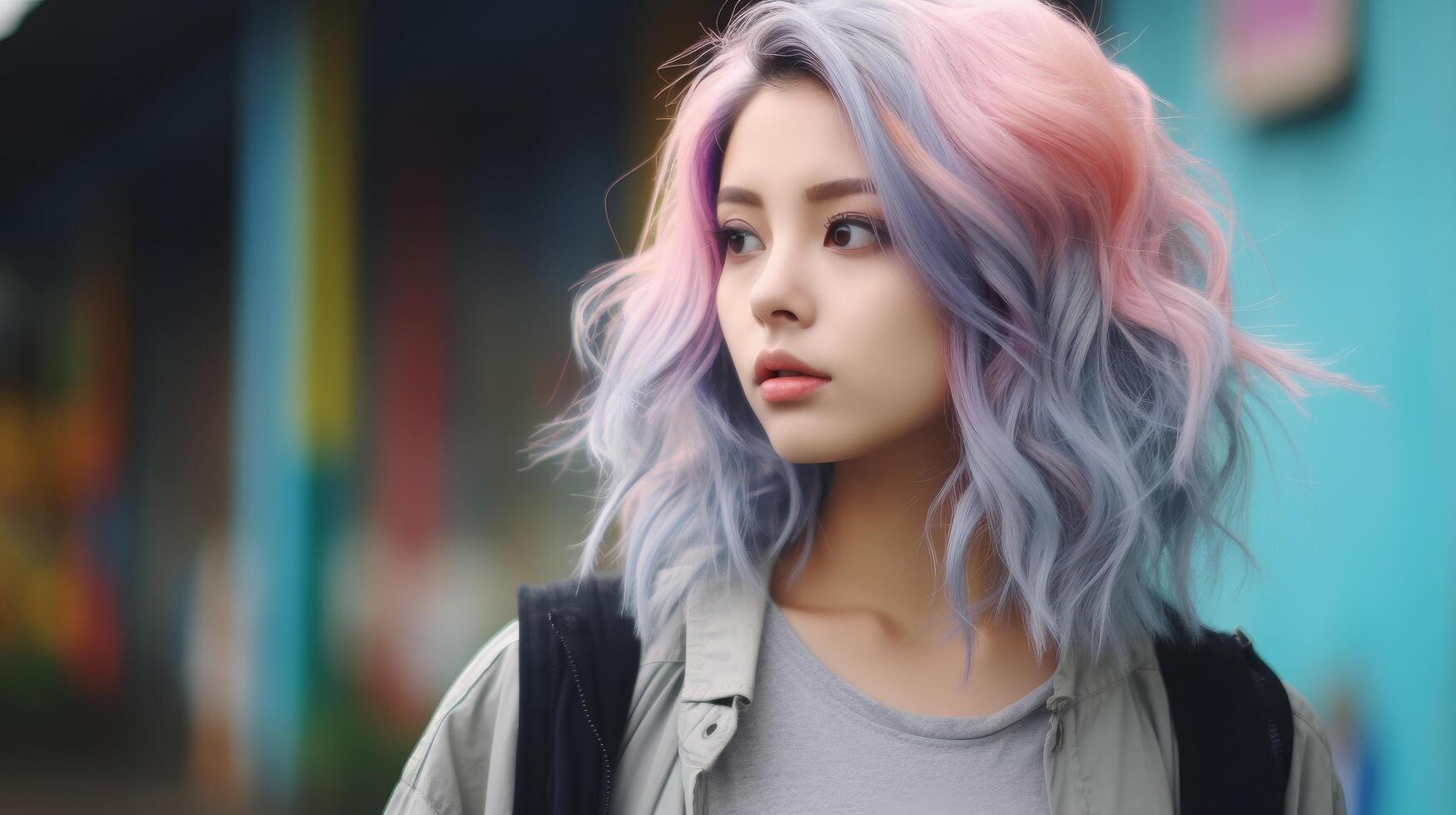 Stylish young woman with colorful dyed hair photo