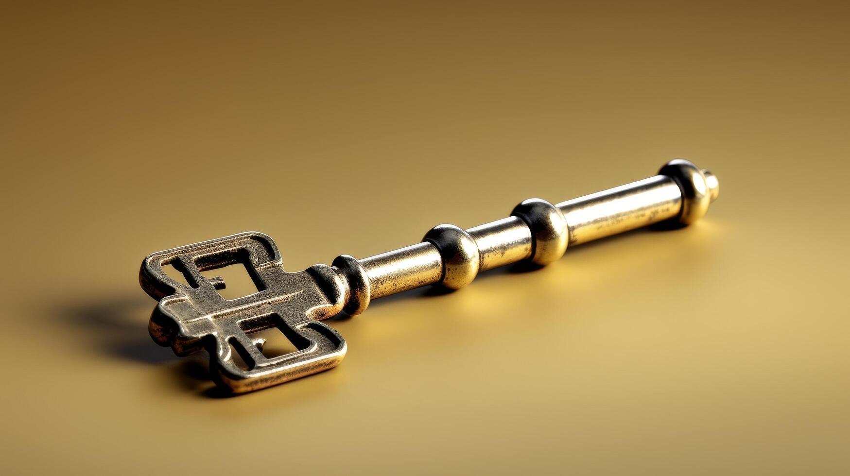 Antique brass key on golden background photo