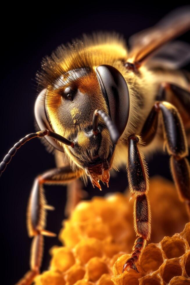 Extreme close up of a bee on honeycomb photo