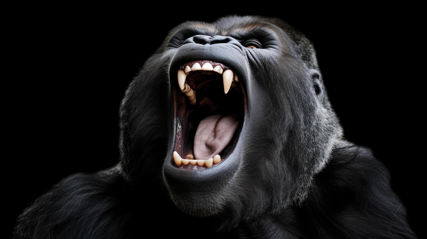 Fierce gorilla roaring in the dark photo