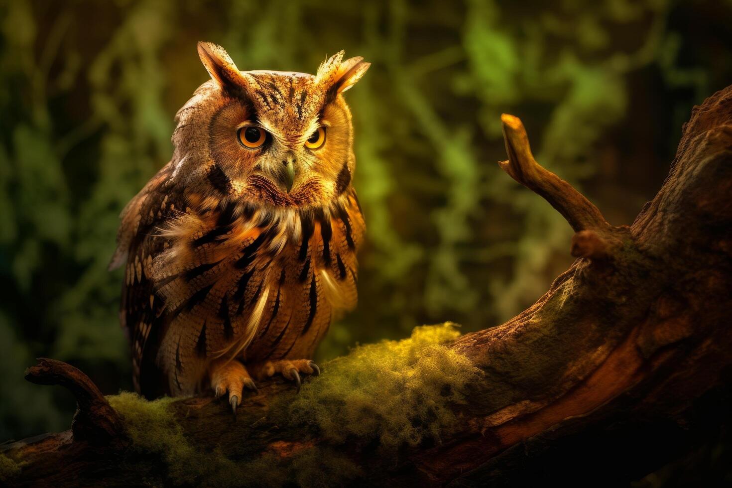 Majestic owl perched on a tree branch in the forest photo