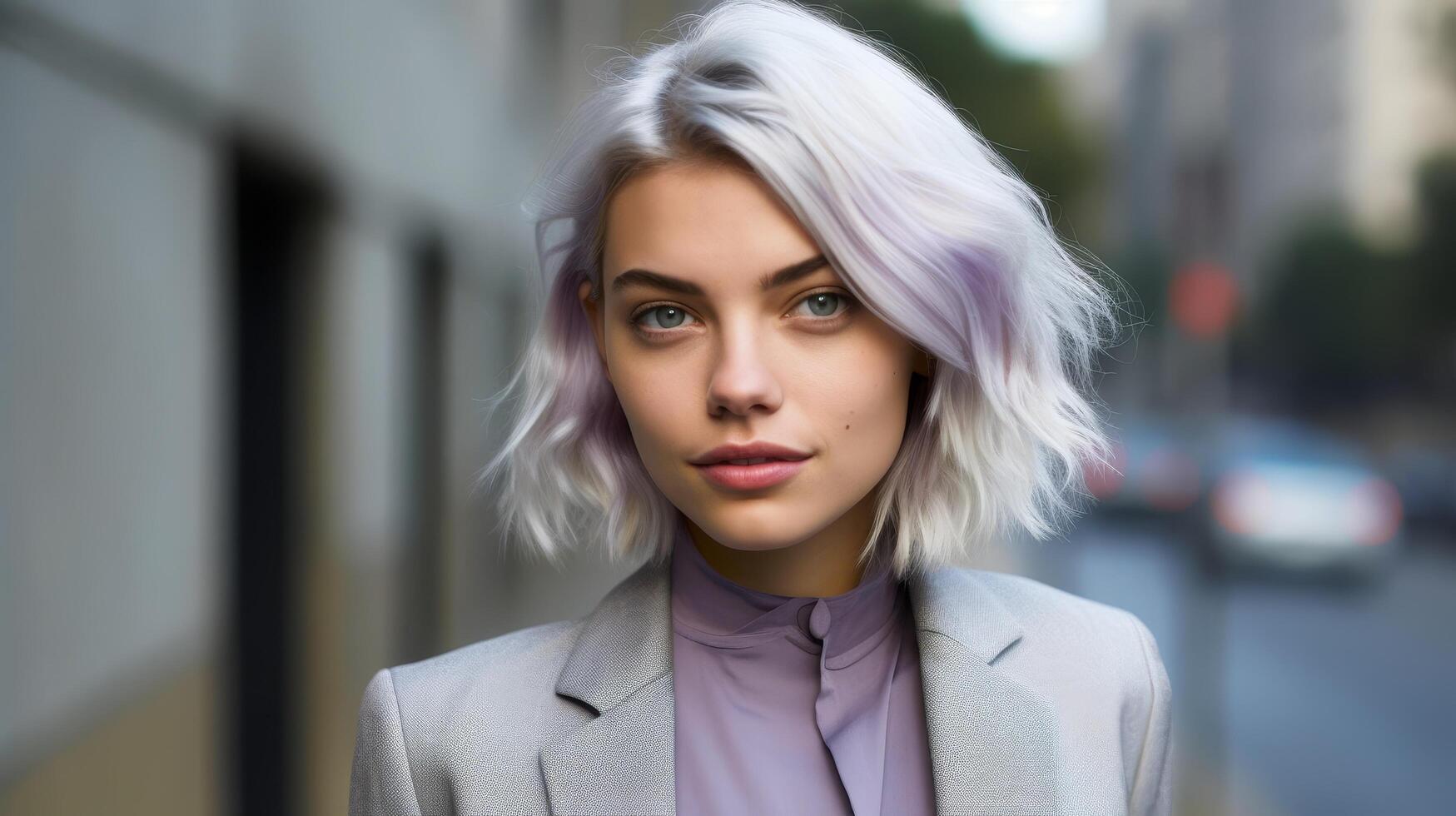 Stylish woman with silver hair in a gray coat photo