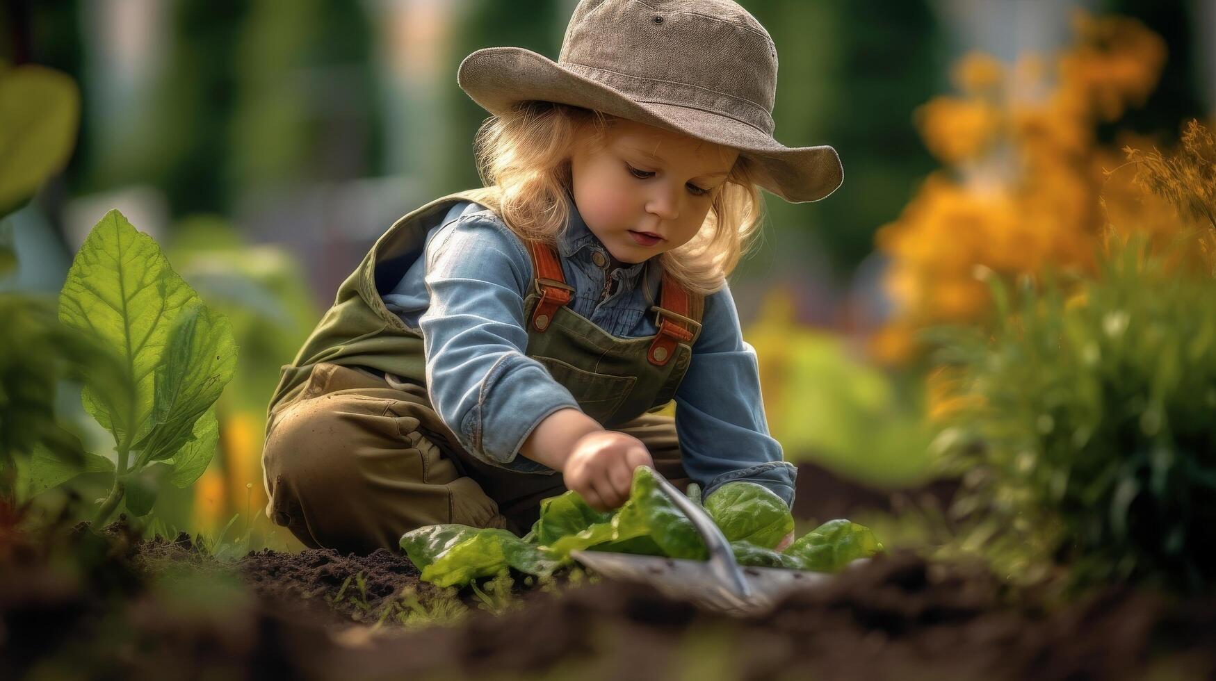 young gardener tending to vegetable patch photo