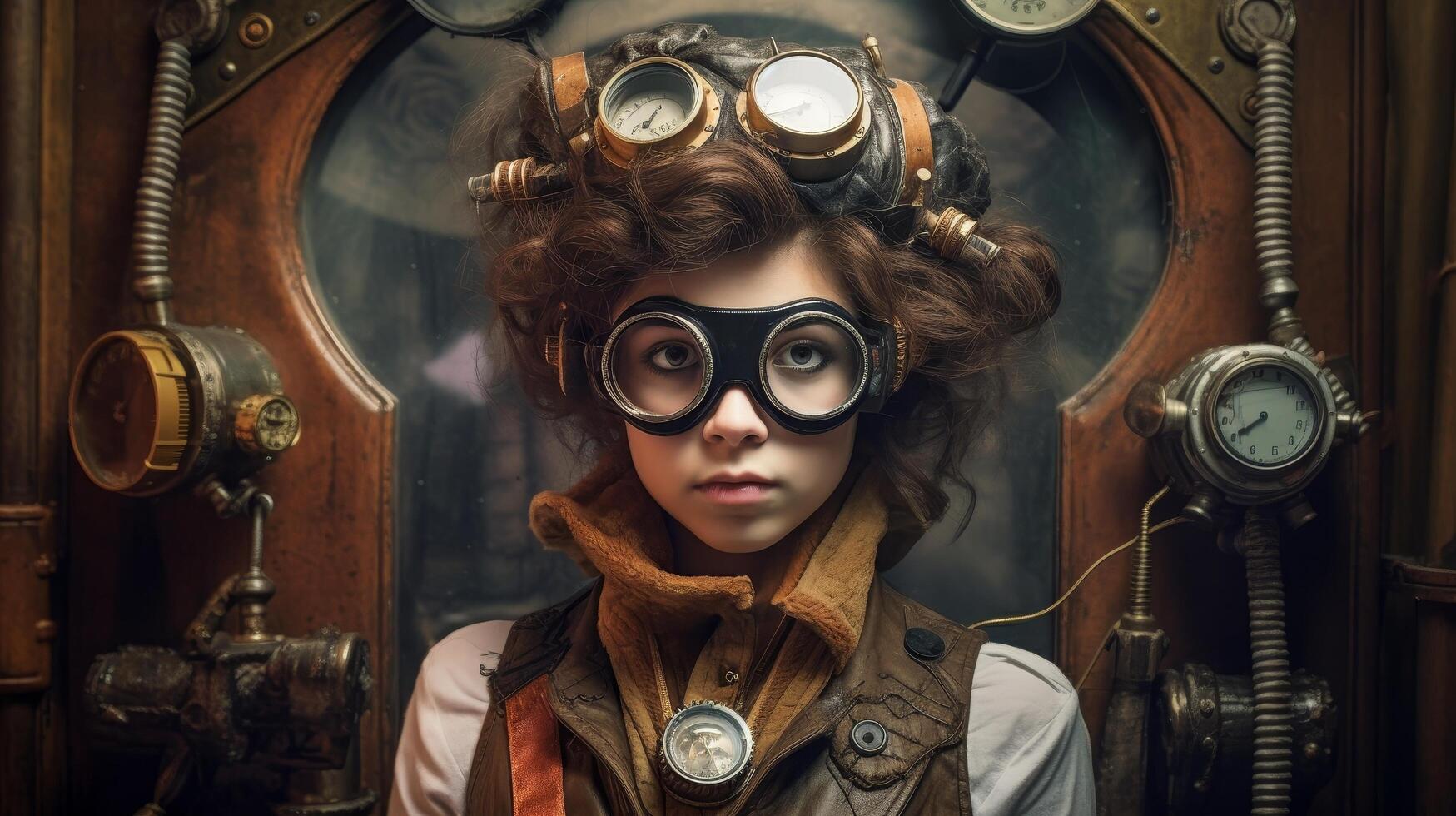 Steampunk girl with goggles and mechanical devices photo