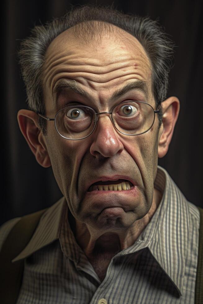 Worried older man with glasses and wrinkled forehead photo