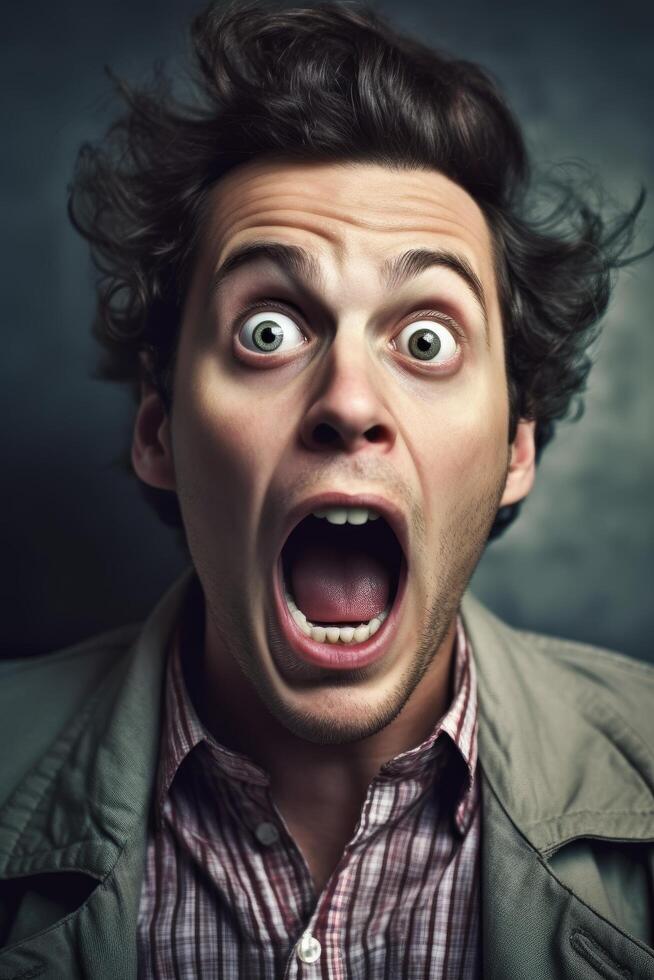 Surprised man with wide eyes and open mouth photo