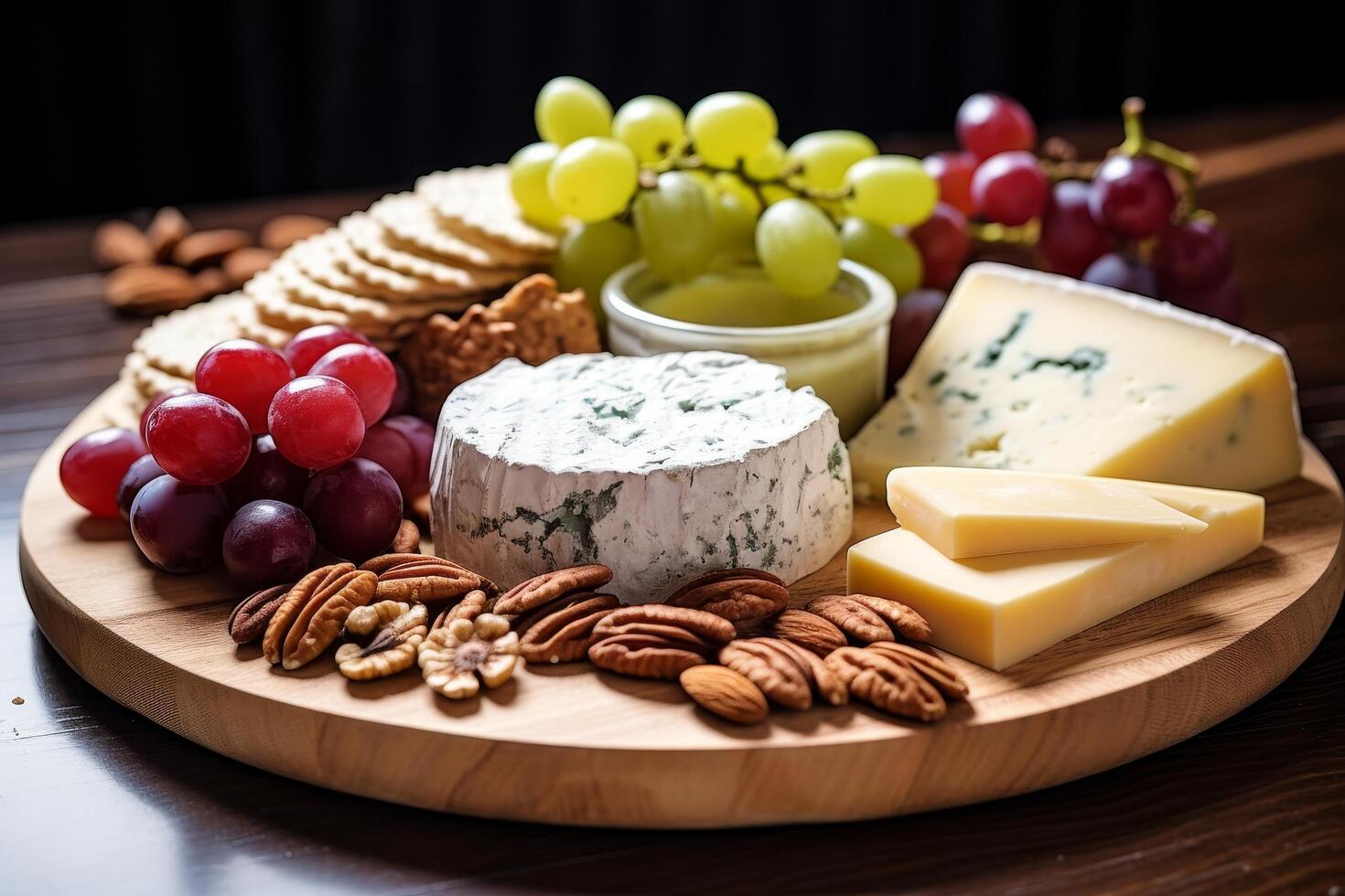 Assorted cheese and fruit platter on wooden board photo