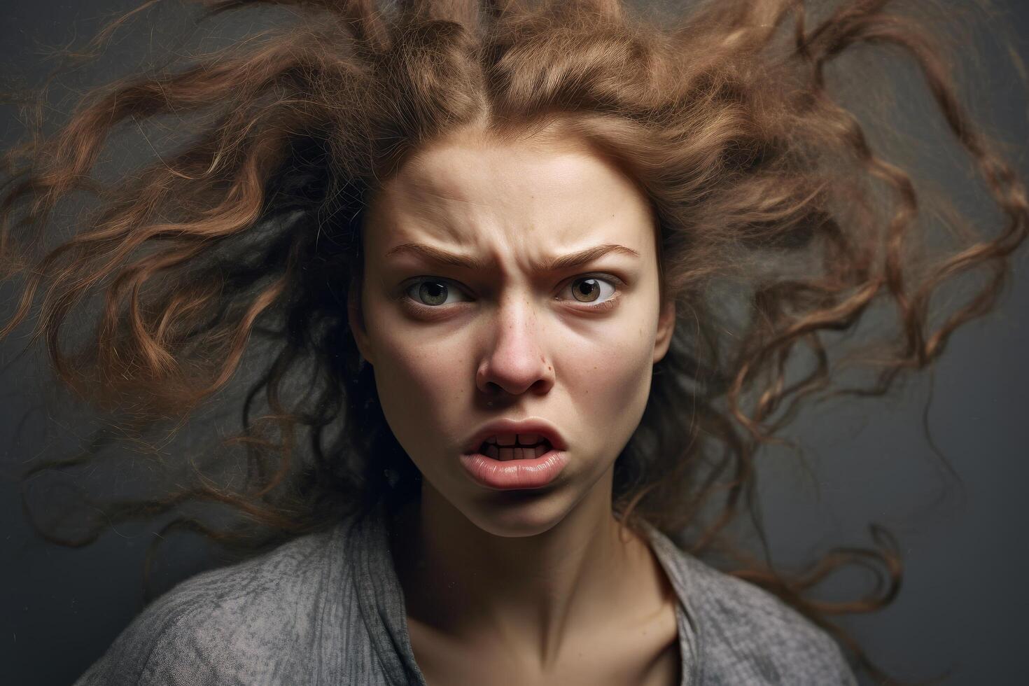 Angry woman with wild hair photo