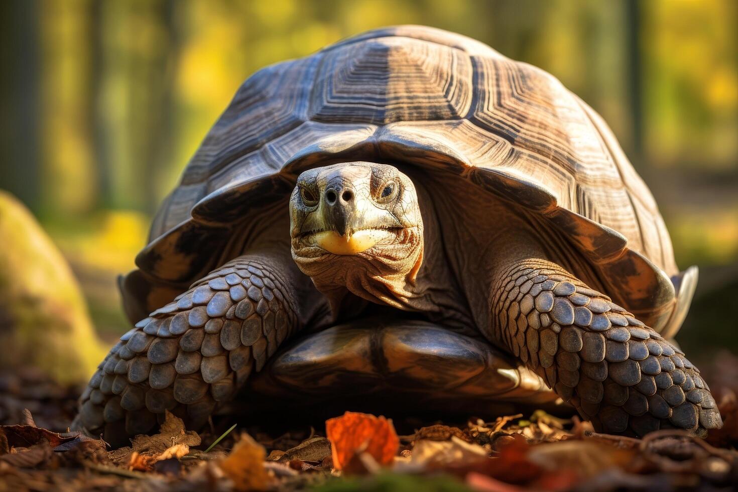 close up of a curious tortoise in the forest photo
